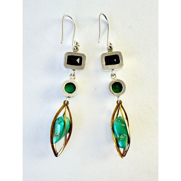 Natural Turquoise Smokey Quartz Dangle Earrings Sterling Silver Brass Cage - Picture 8 of 9